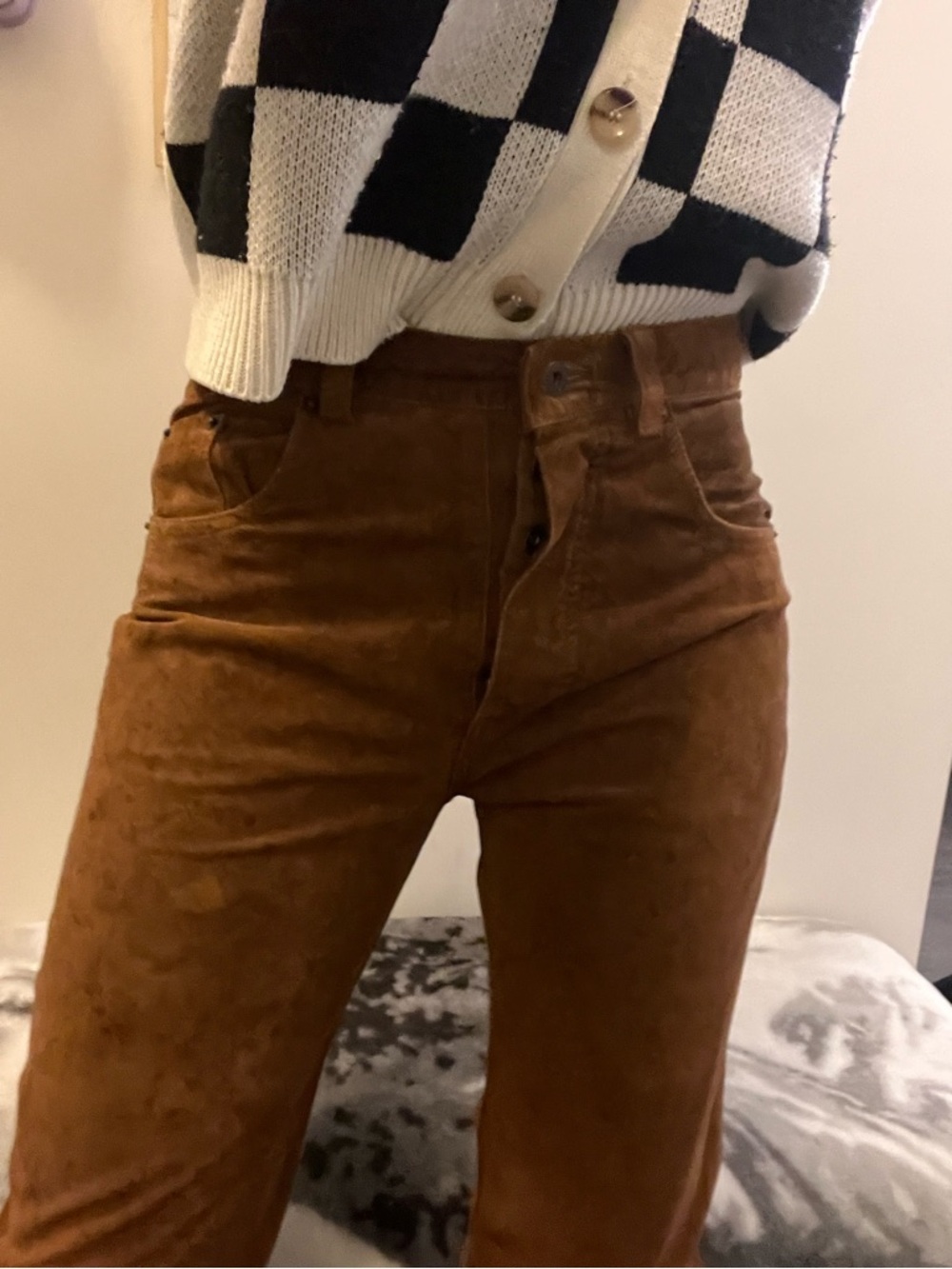 Mid-Rise Genuine Leather Suede Pants
